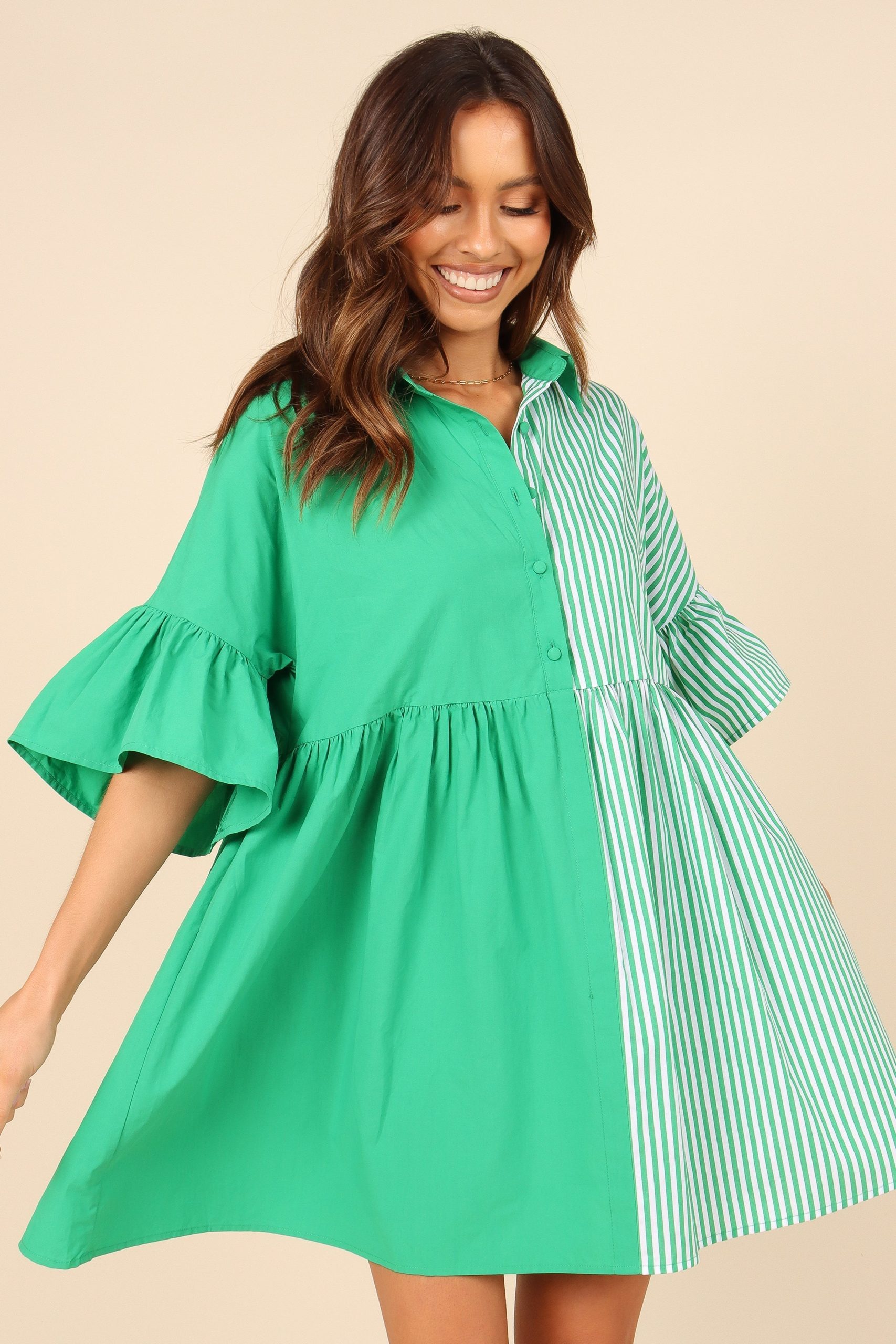Didi Frill Mini Dress - Green Stripe - Image 6