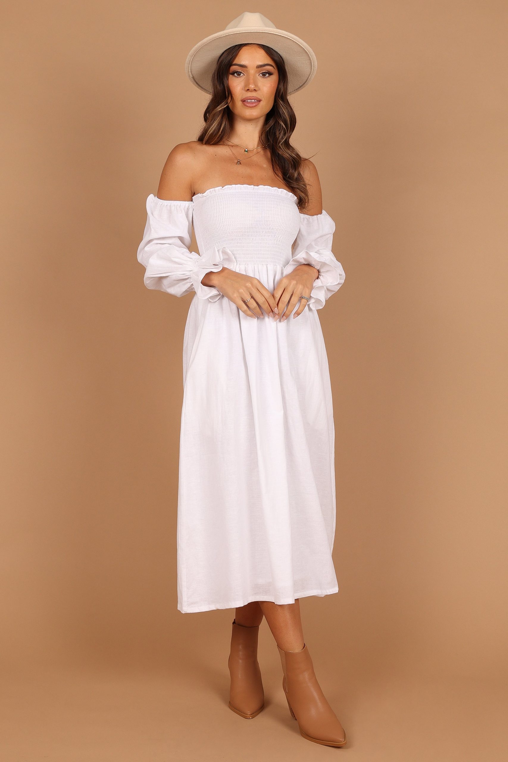 Domenica Shirred Long Sleeve Midi Dress - White - Image 10