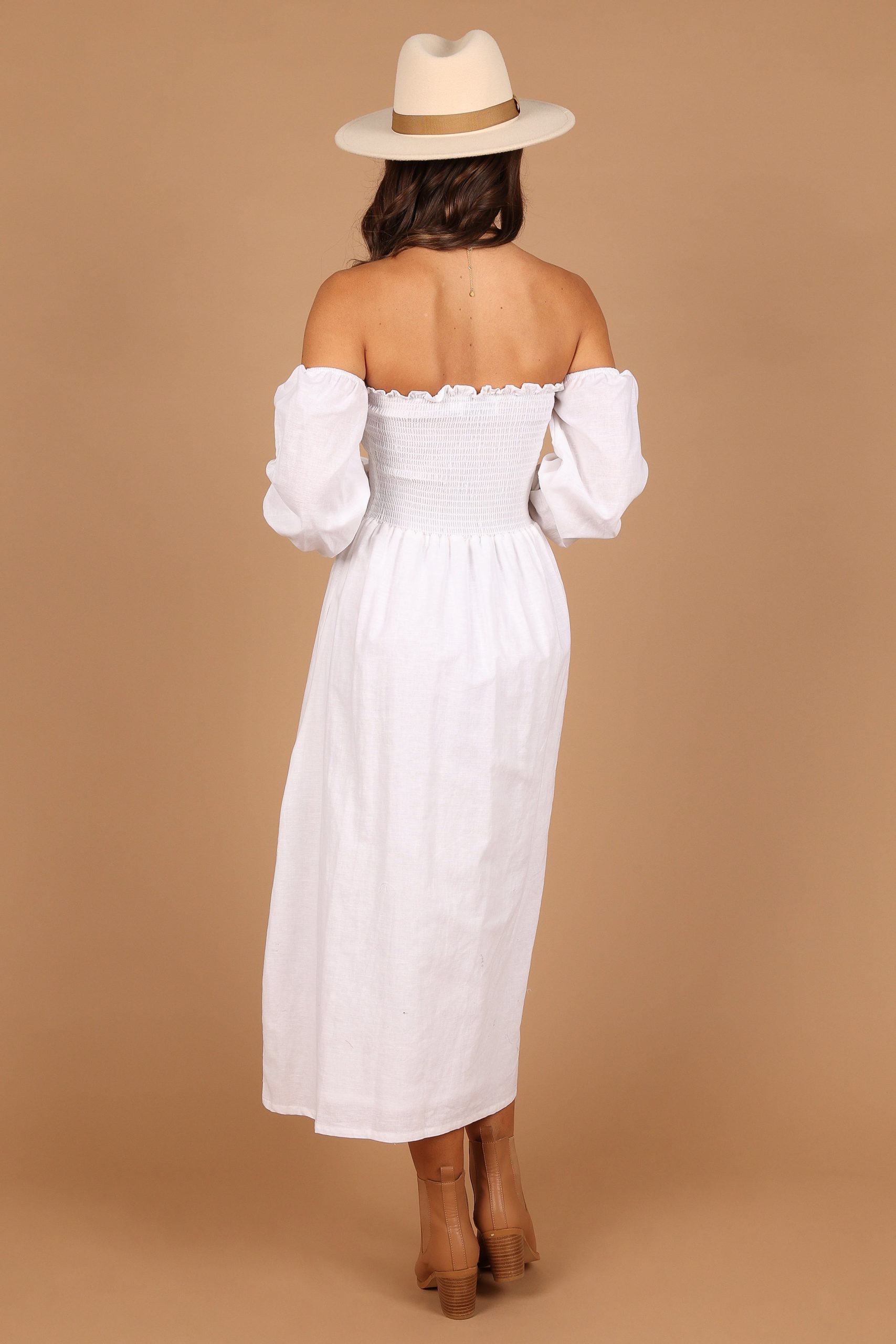 Domenica Shirred Long Sleeve Midi Dress - White - Image 8