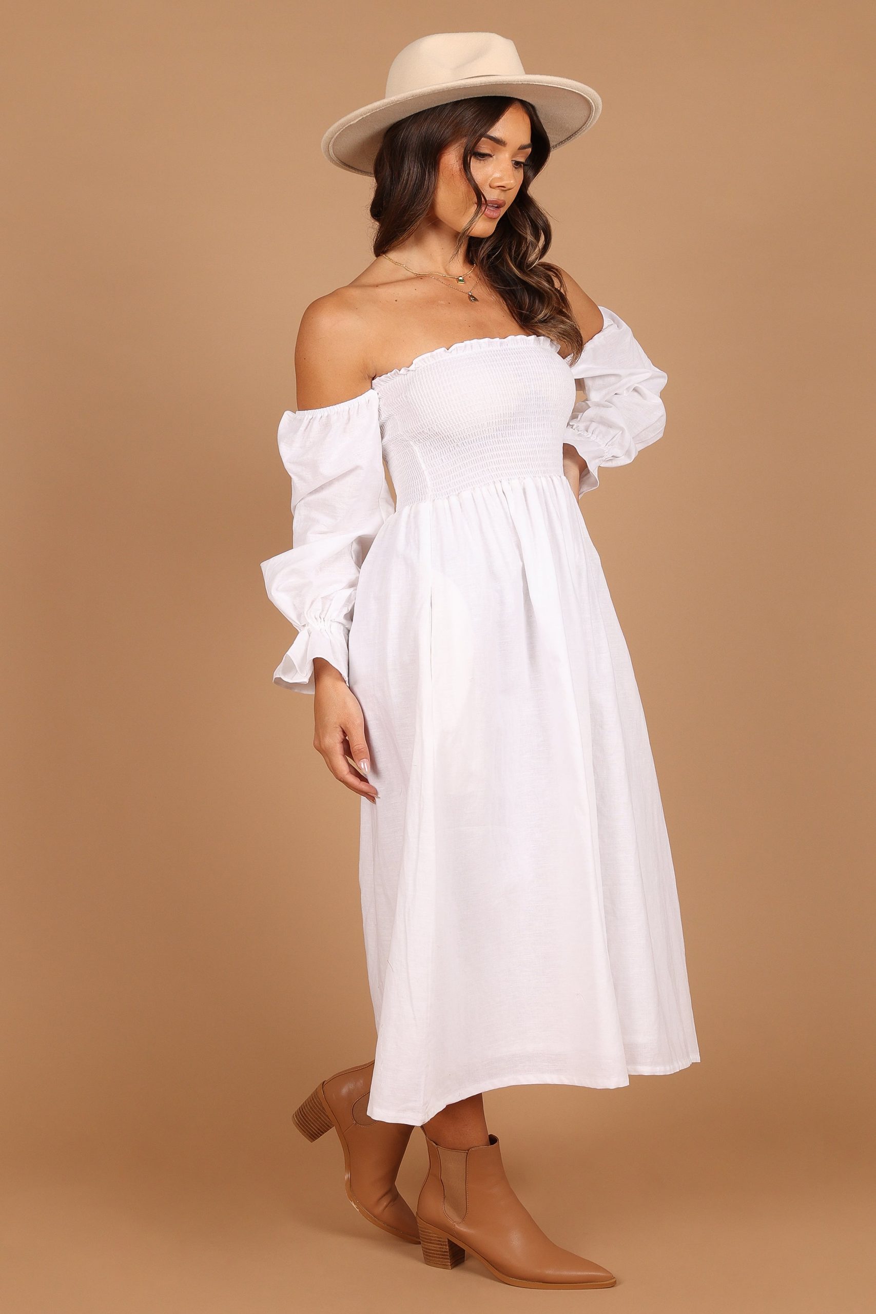 Domenica Shirred Long Sleeve Midi Dress - White - Image 9