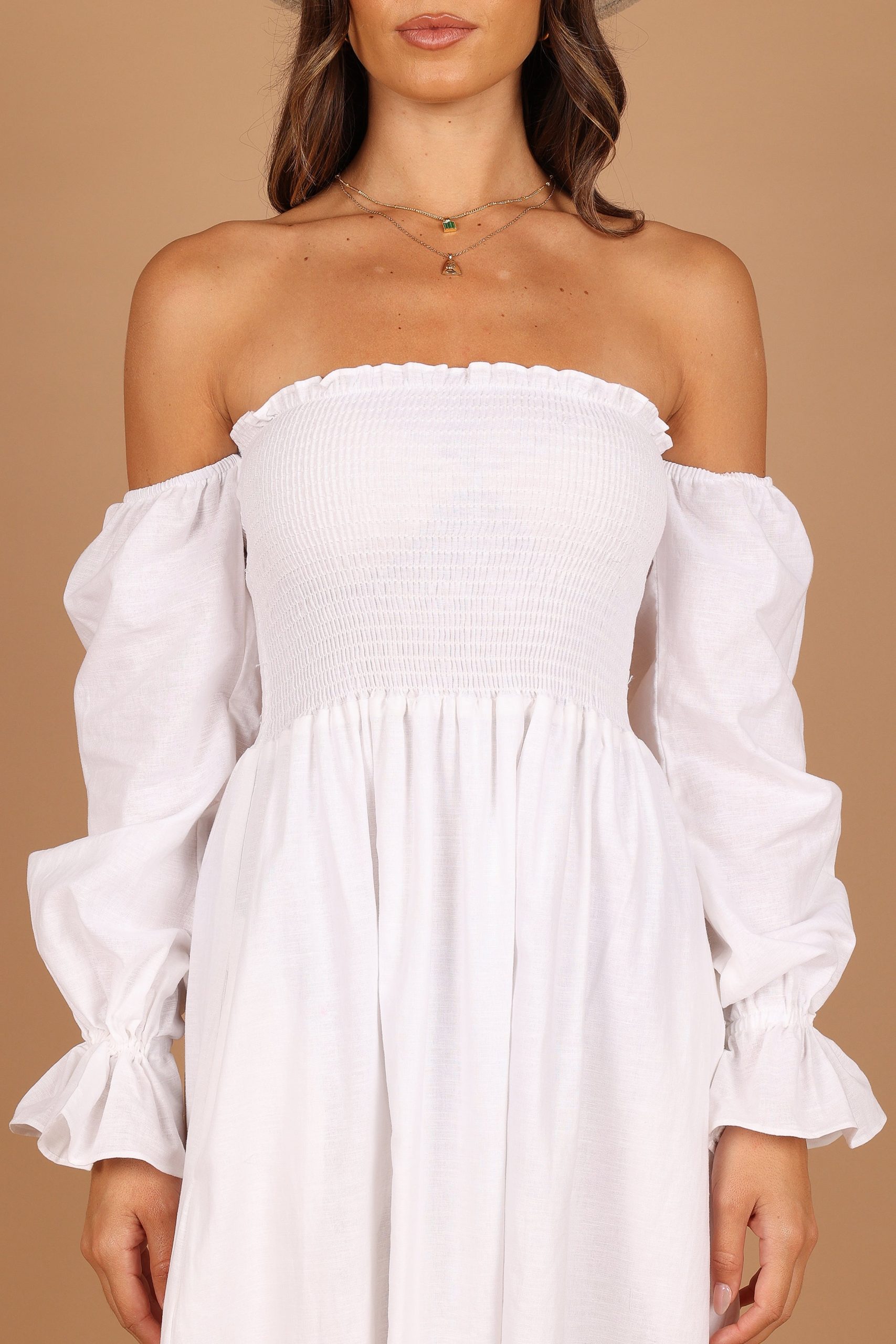 Domenica Shirred Long Sleeve Midi Dress - White - Image 6