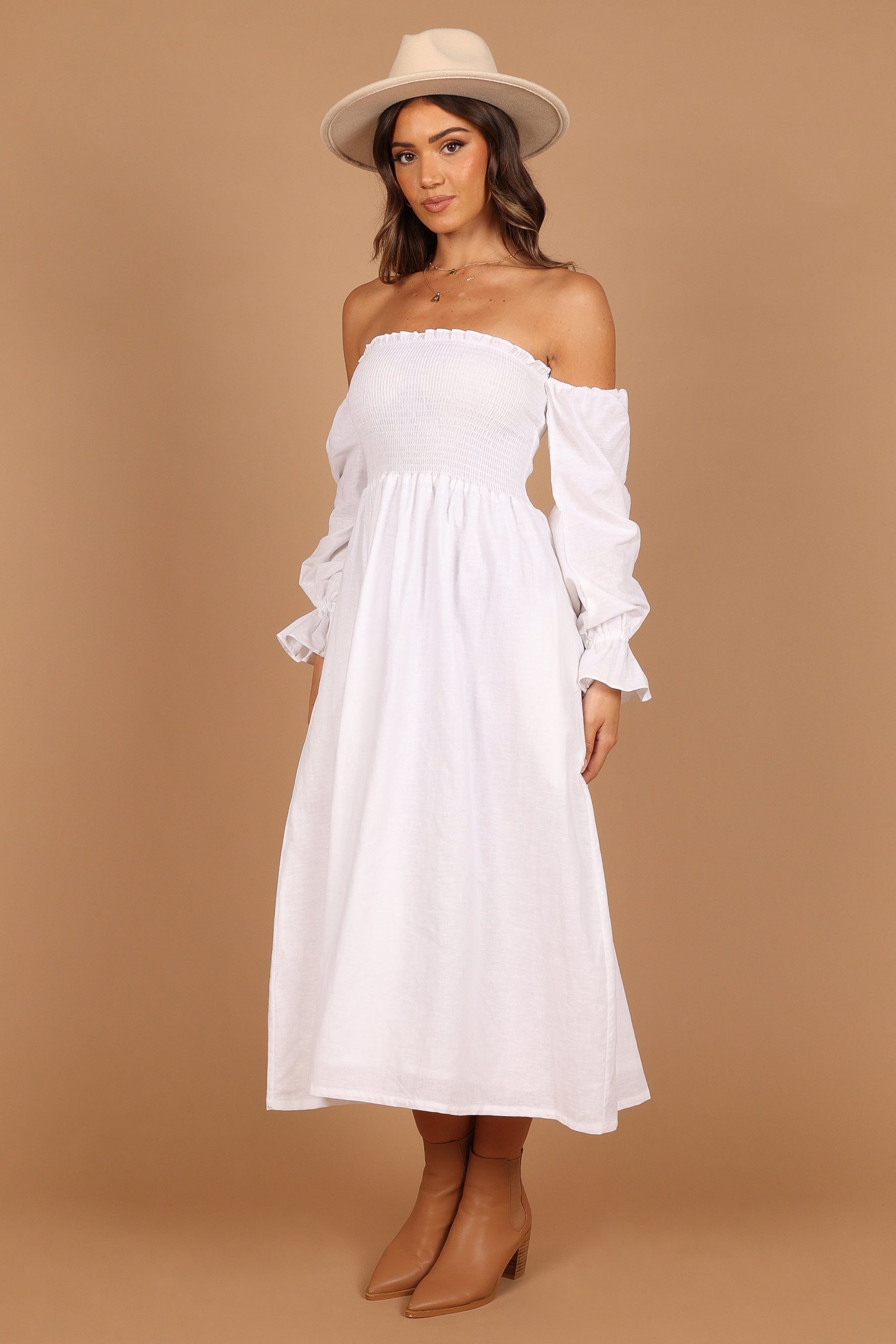 Domenica Shirred Long Sleeve Midi Dress - White - Image 7