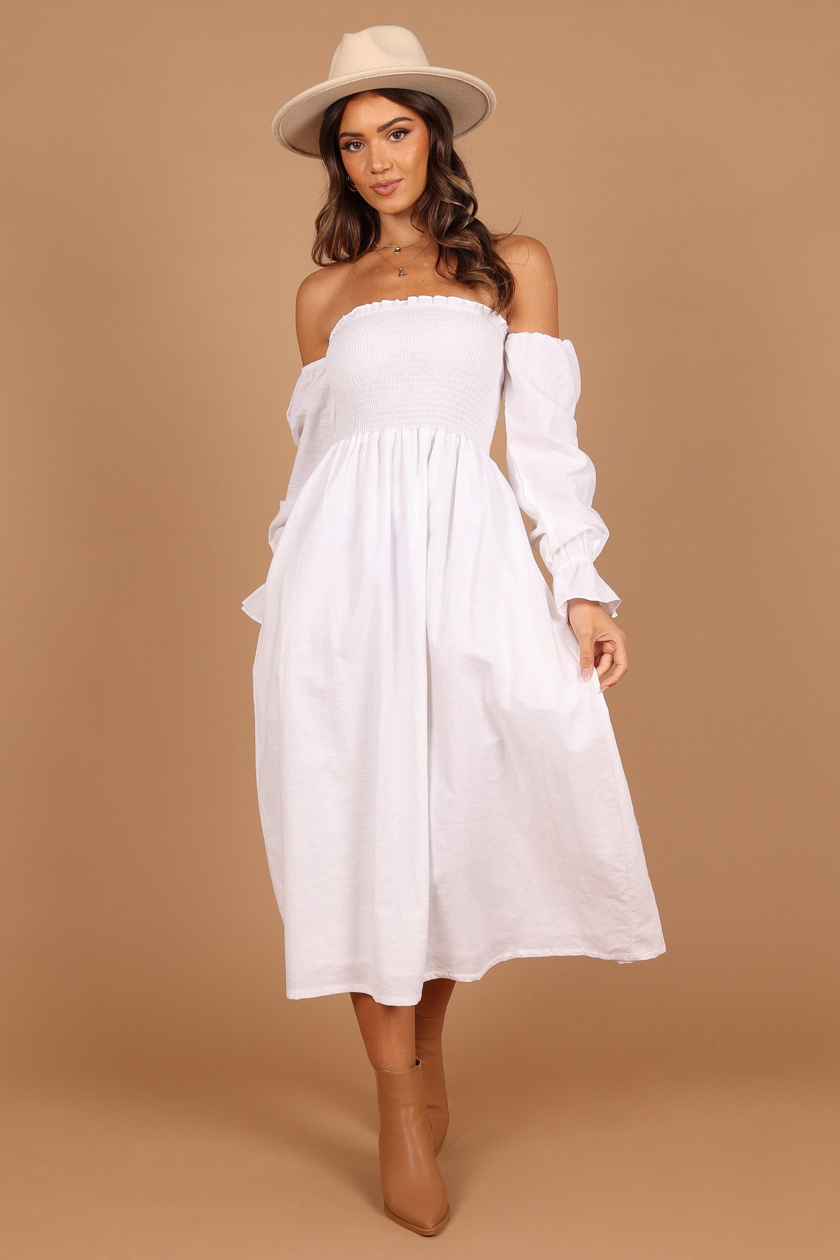 Domenica Shirred Long Sleeve Midi Dress - White - Image 5