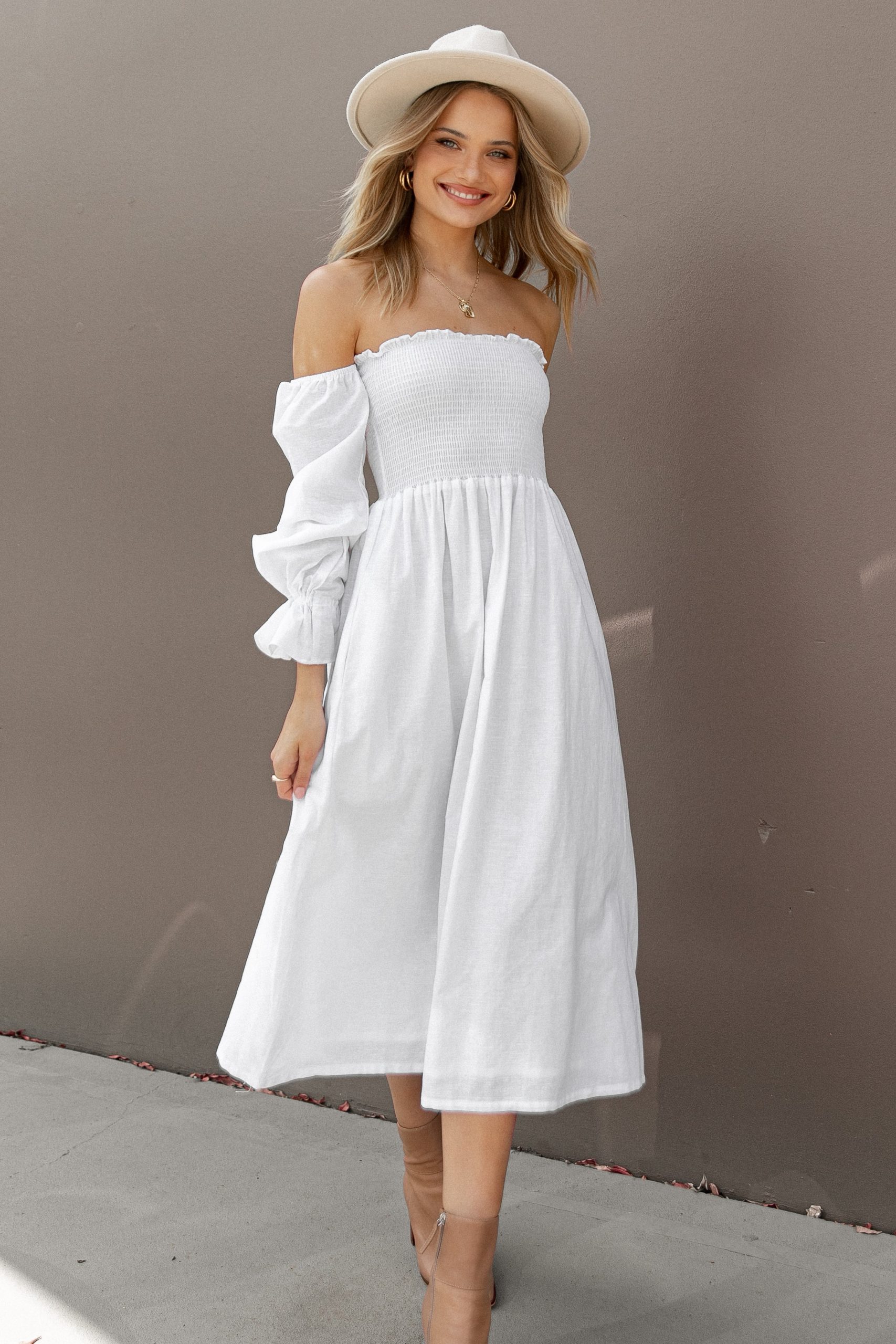 Domenica Shirred Long Sleeve Midi Dress - White - Image 3