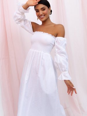 Domenica Shirred Long Sleeve Midi Dress - White