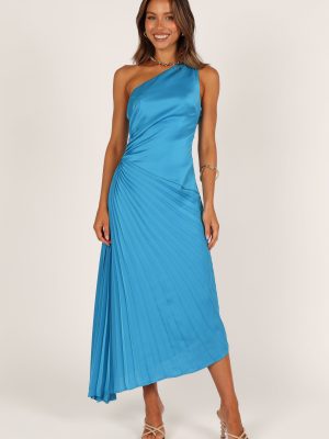 Flin Pleated One Shoulder Midi Dress - Blue