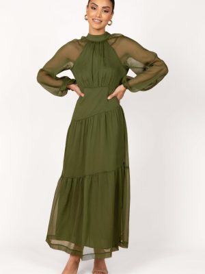 Julip Sheer Long Sleeve Maxi Dress - Olive
