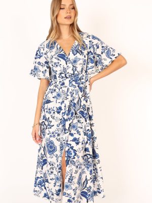 Kaleen Midi Wrap Dress - White Blue
