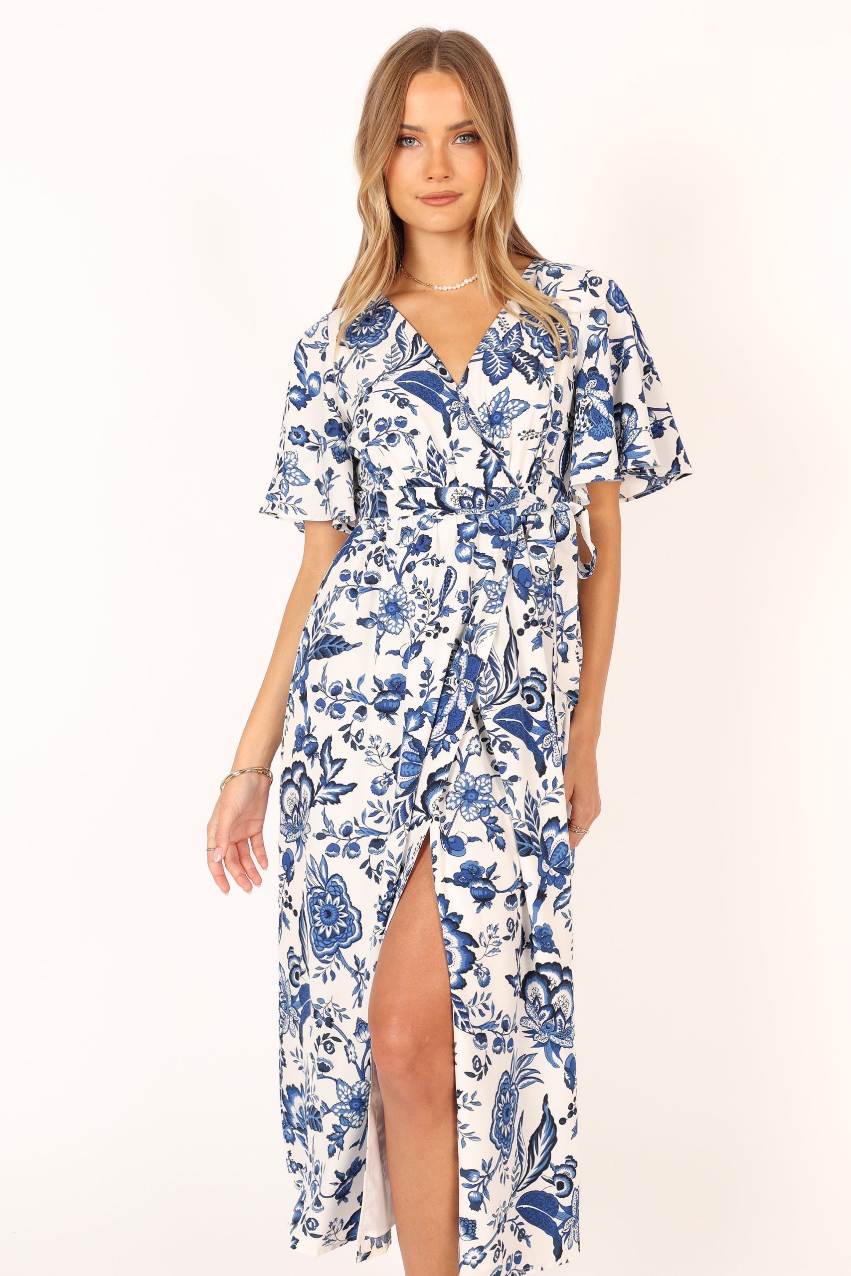 Kaleen Midi Wrap Dress - White Blue - Image 2