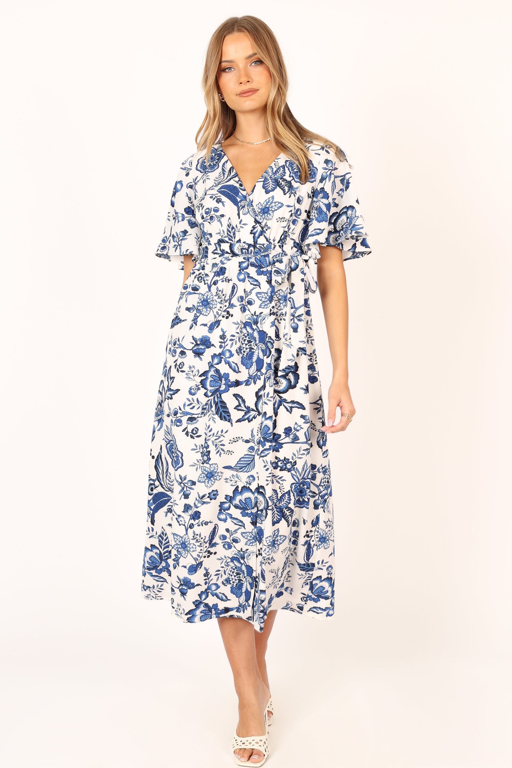 Kaleen Midi Wrap Dress - White Blue - Image 4