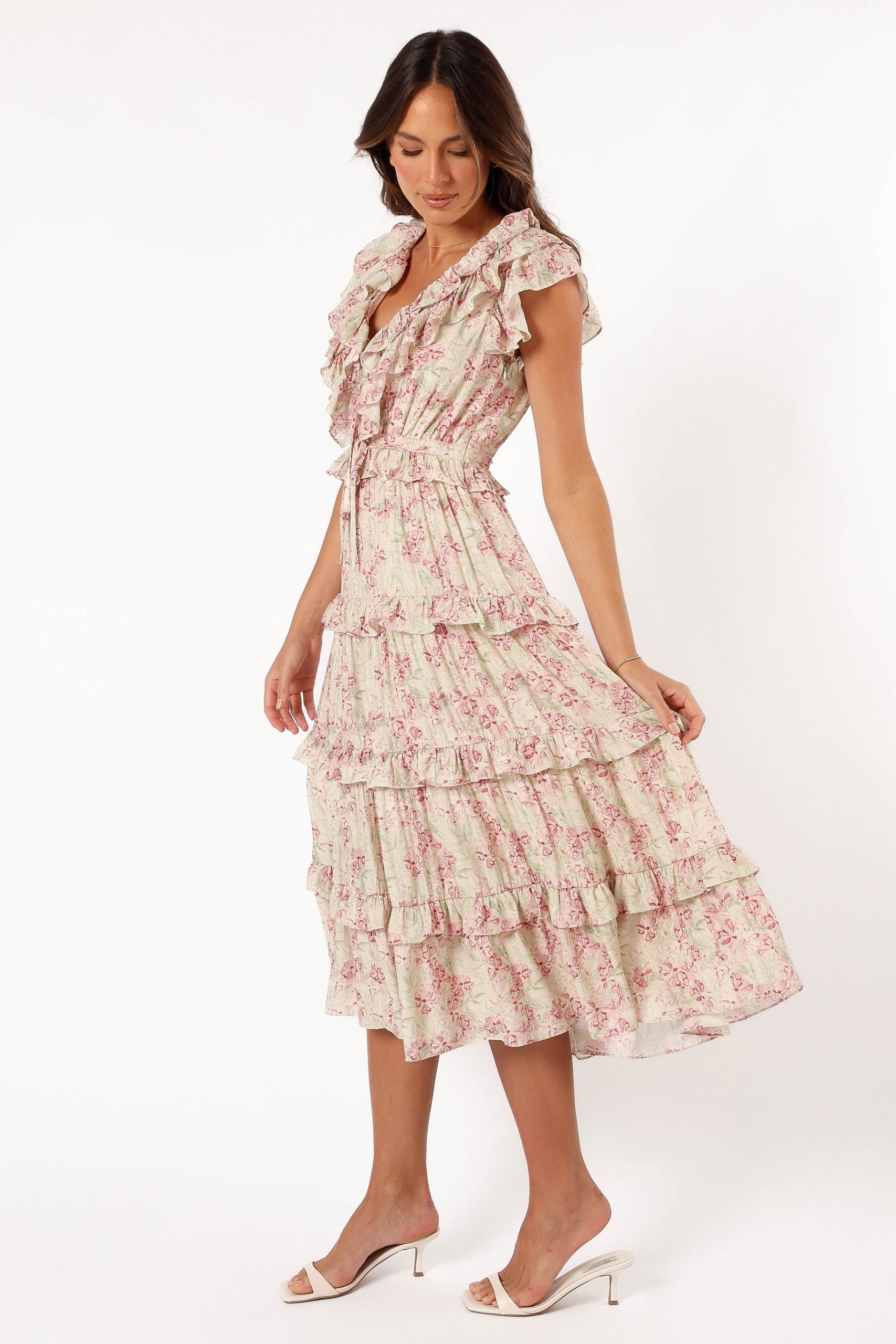 Levelle Midi Ruffle Dress - Ivory/Red Green Floral - Image 3