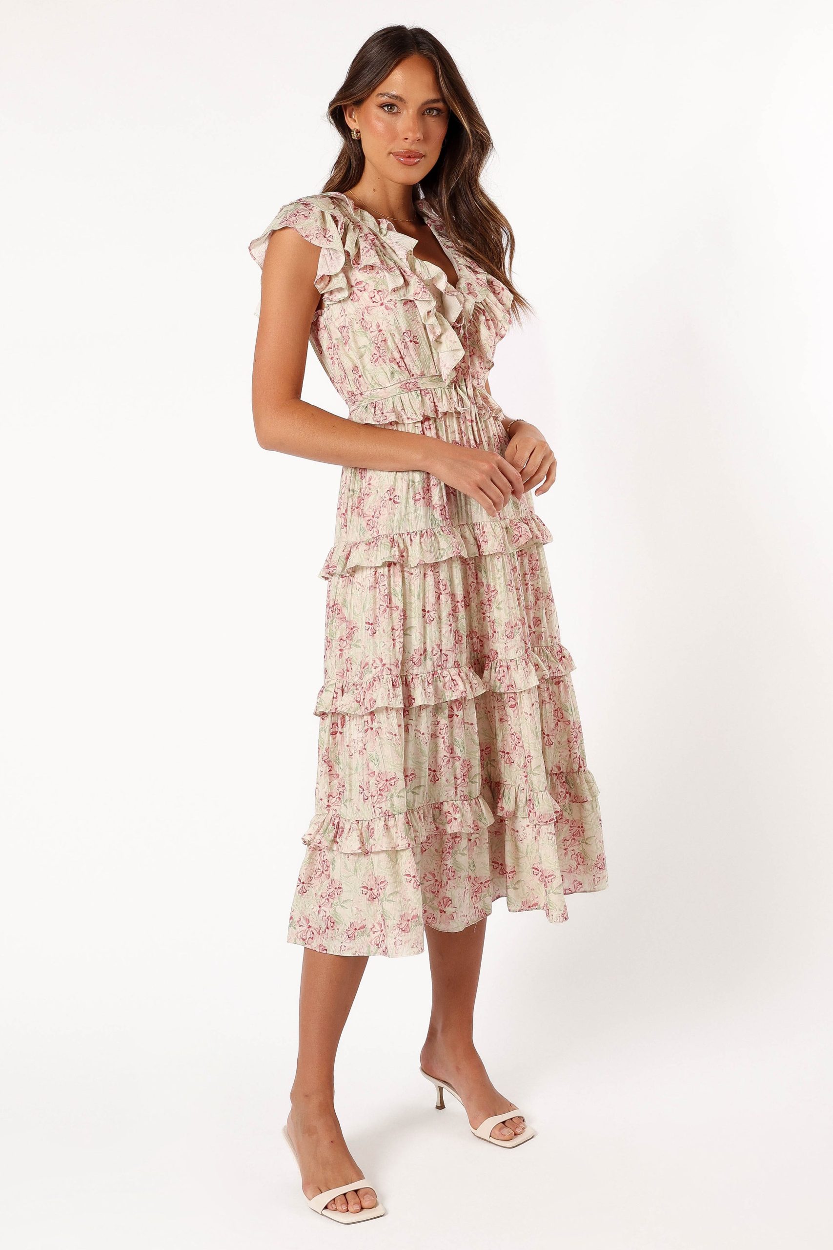 Levelle Midi Ruffle Dress - Ivory/Red Green Floral - Image 7