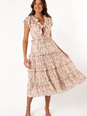 Levelle Midi Ruffle Dress - Ivory/Red Green Floral