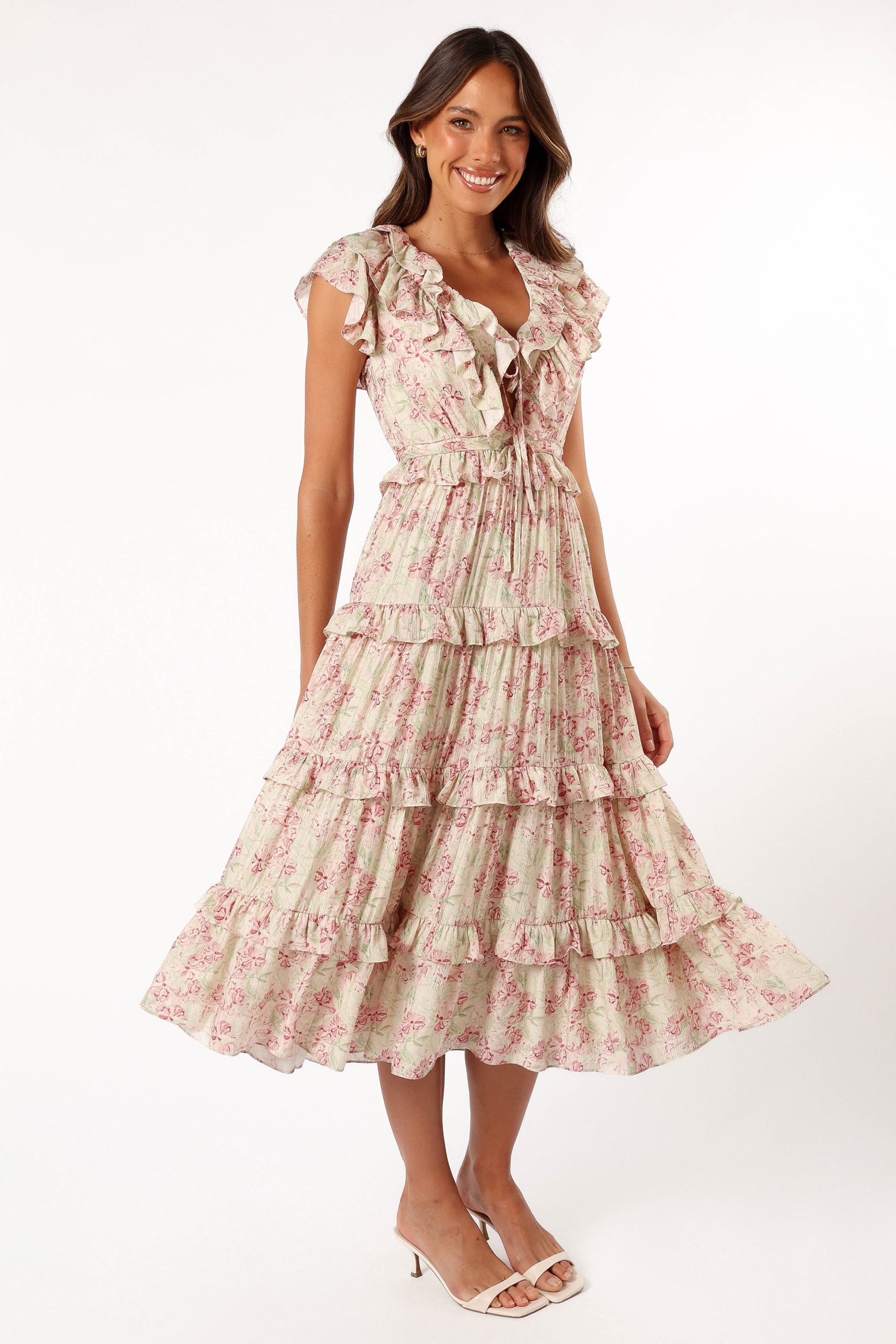 Levelle Midi Ruffle Dress - Ivory/Red Green Floral - Image 6