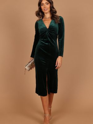 Lisse Twist Front Long Sleeve Velvet Midi Dress - Emerald