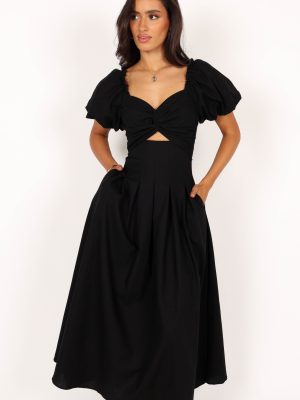 Maria Puff Sleeve Midi Dress - Black