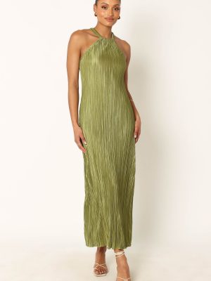 Melody Plisse Halter Maxi Dress - Olive