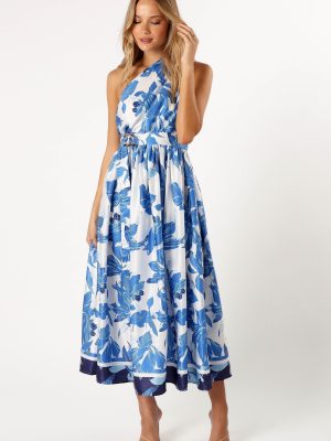 Naomi One Shoulder Midi Dress - Blue Floral