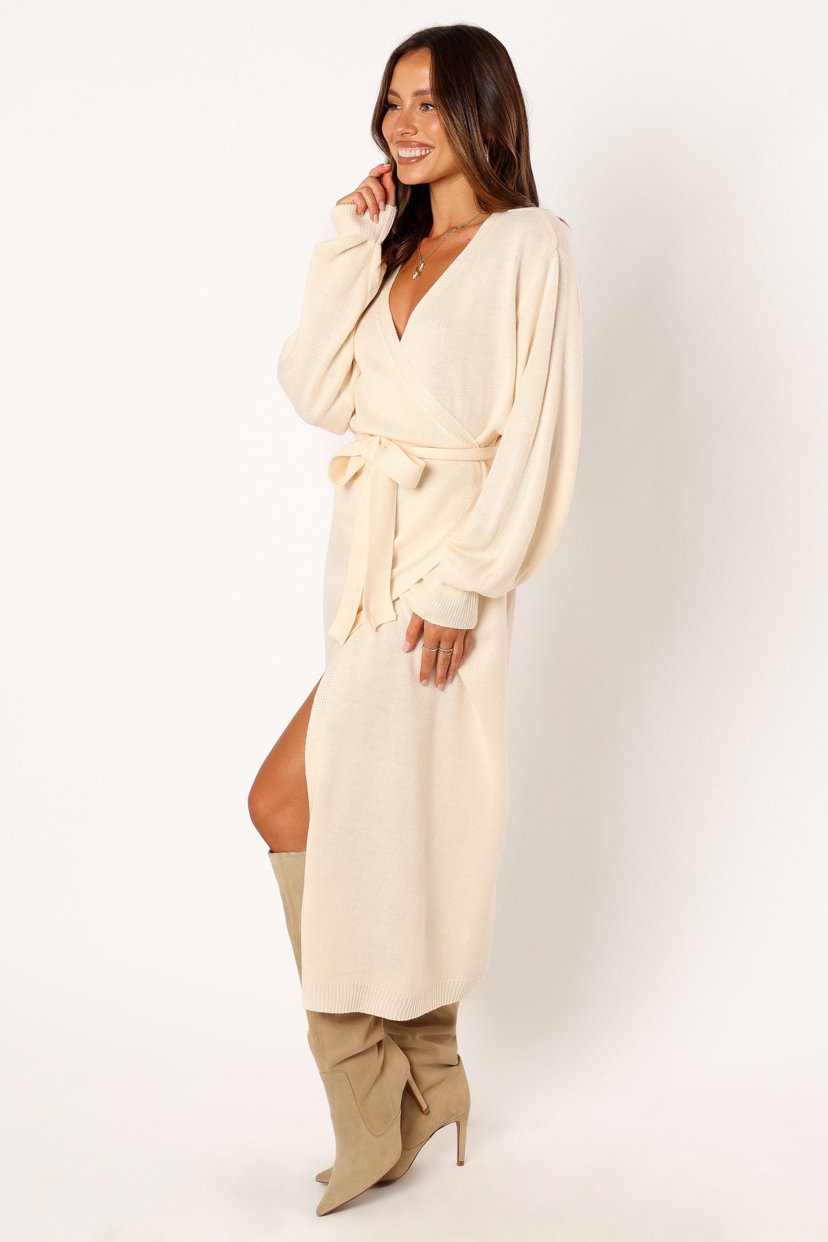 Nova Wrap Knit Midi Dress - Taupe - Image 3