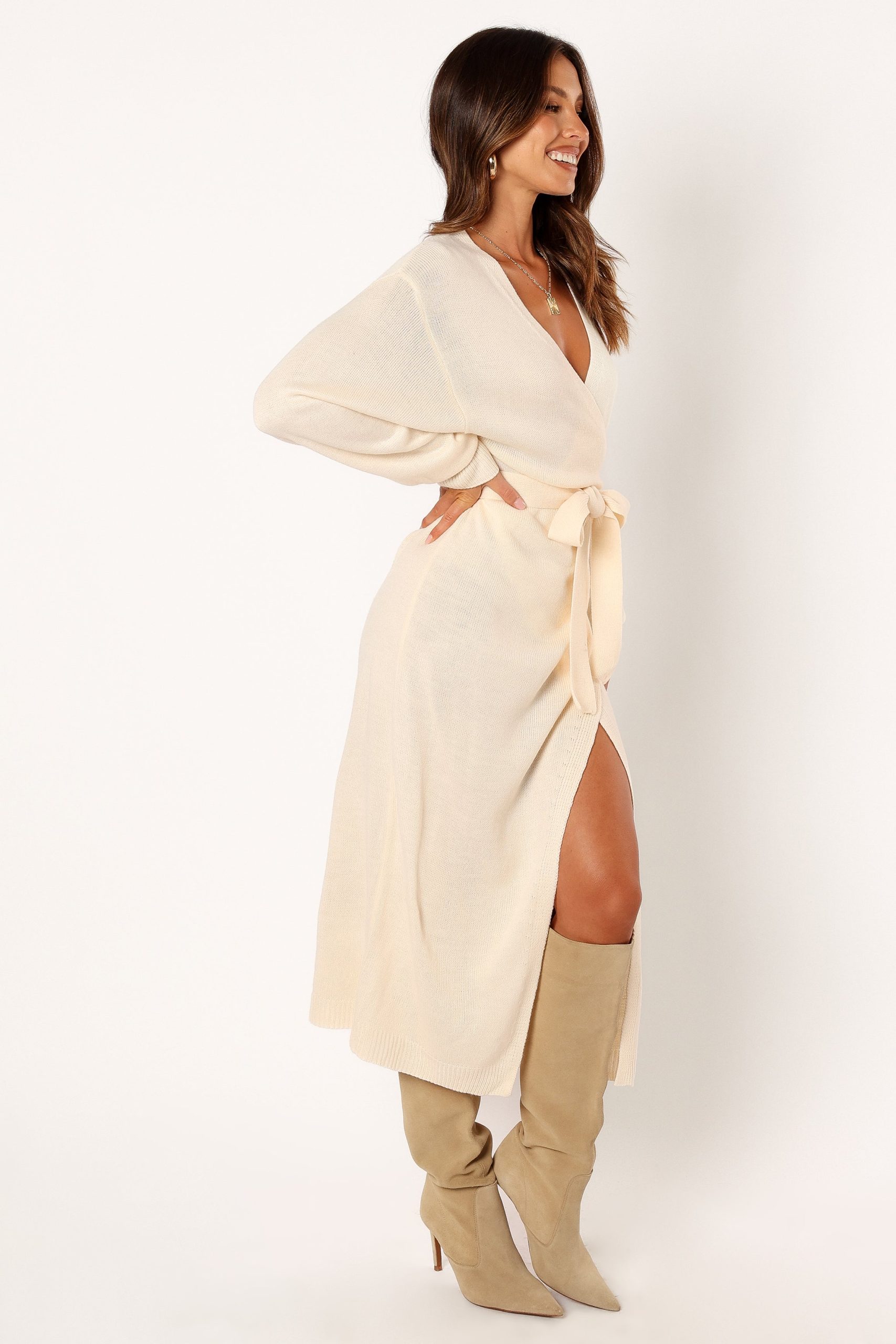 Nova Wrap Knit Midi Dress - Taupe - Image 6