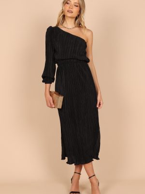 Pontee One Shoulder Pleated Midi Dress - Black