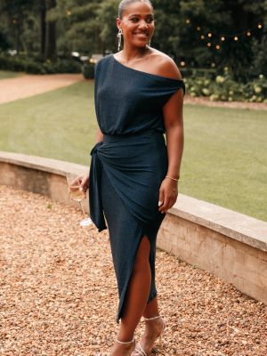 Santiago Off Shoulder Midi Dress - Navy