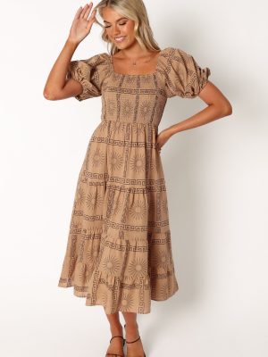 Soliel Puff Sleeve Midi Dress - Tan Black