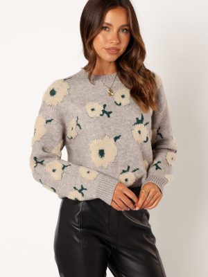 Aubrielle All Over Flower Knit Sweater - Grey Green