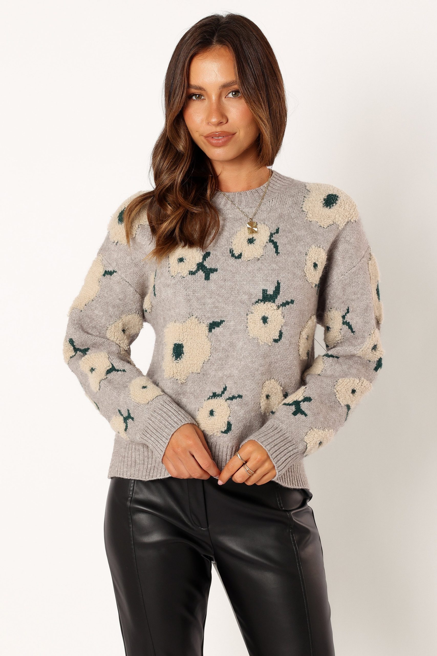 Aubrielle All Over Flower Knit Sweater - Grey Green - Image 4