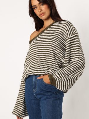 Becca Crewneck Waffle Stitch Stripe Knit Sweater - Olive