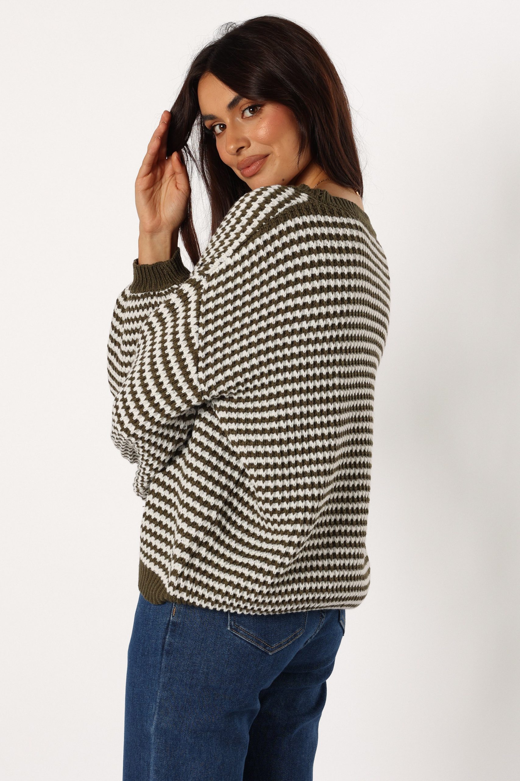 Becca Crewneck Waffle Stitch Stripe Knit Sweater - Olive - Image 5