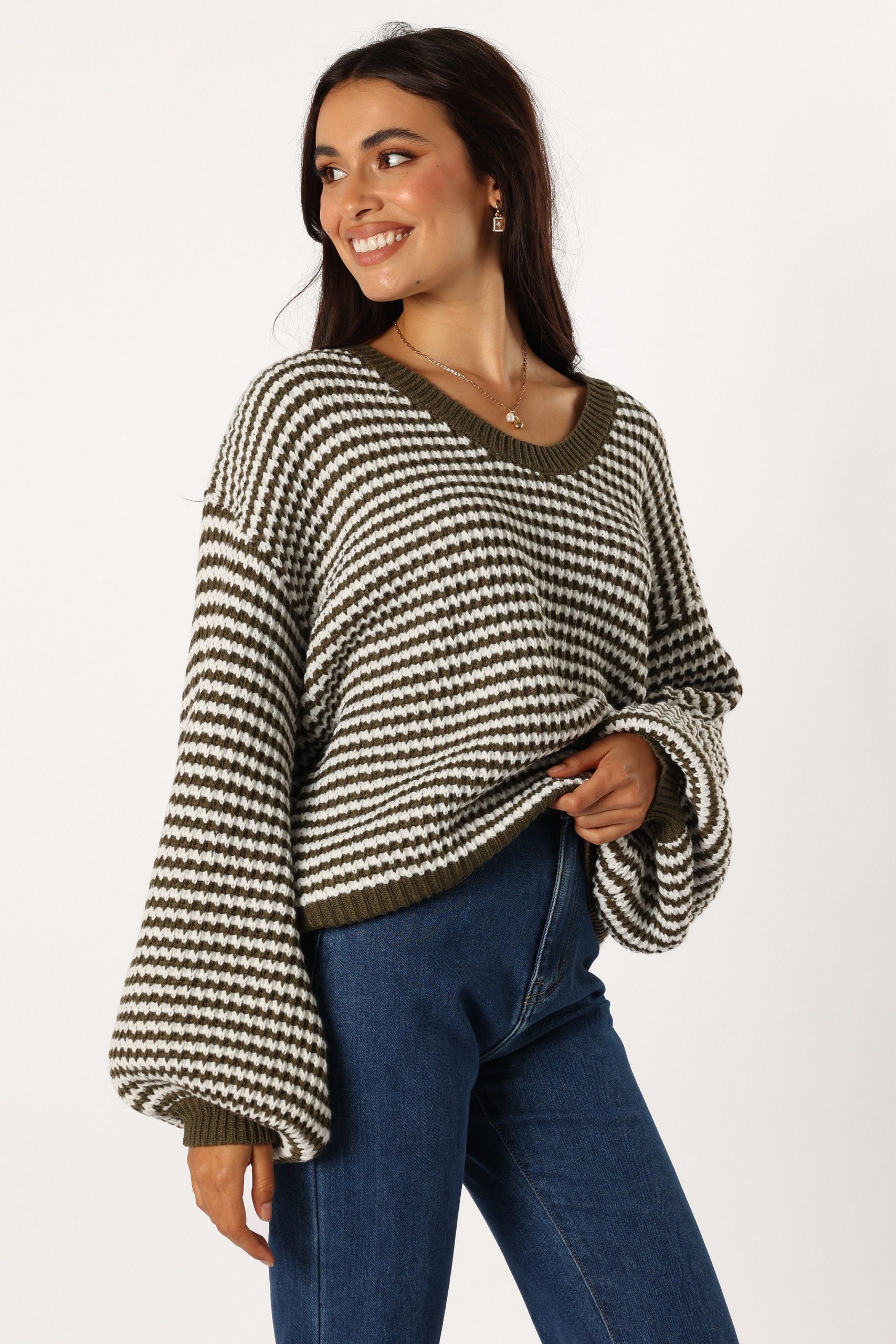 Becca Crewneck Waffle Stitch Stripe Knit Sweater - Olive - Image 6