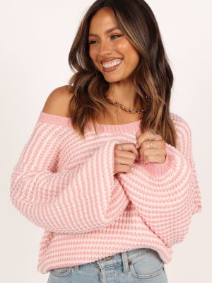 Becca Crewneck Waffle Stitch Stripe Knit Sweater - Pink