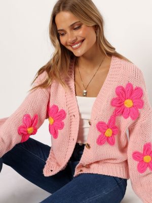Clementine Flower Embroidered Open Front Cardigan - Pink