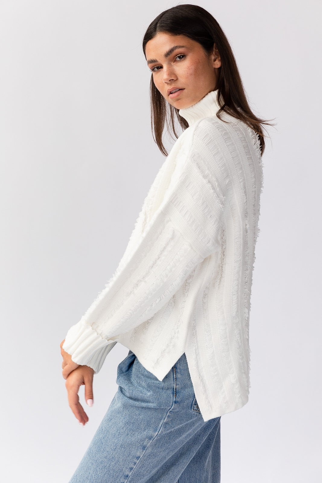 Dana Turtleneck Fringe Knit Sweater - White - Image 2