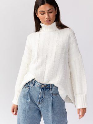Dana Turtleneck Fringe Knit Sweater - White