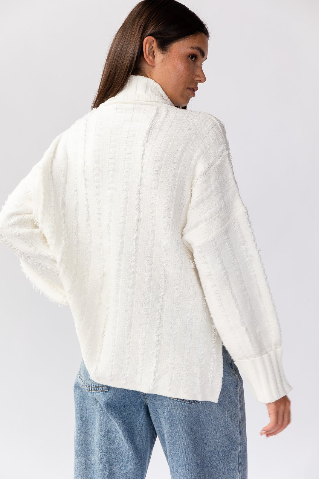 Dana Turtleneck Fringe Knit Sweater - White - Image 3