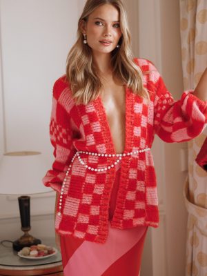 Davina Pattern Open Front Cardigan - Red/Pink