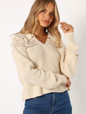 Emerie Crochet Detail Collar Knit Sweater - Ivory