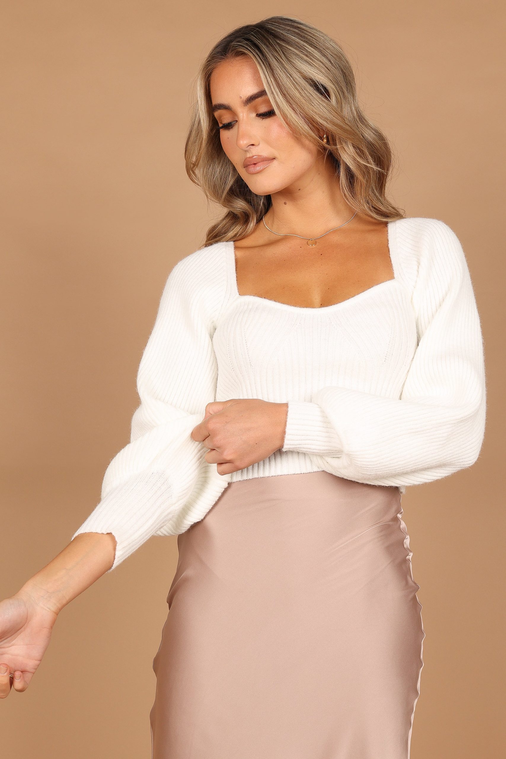 Gia Sweetheart Neck Bell Sleeve Knit Sweater - White - Image 8