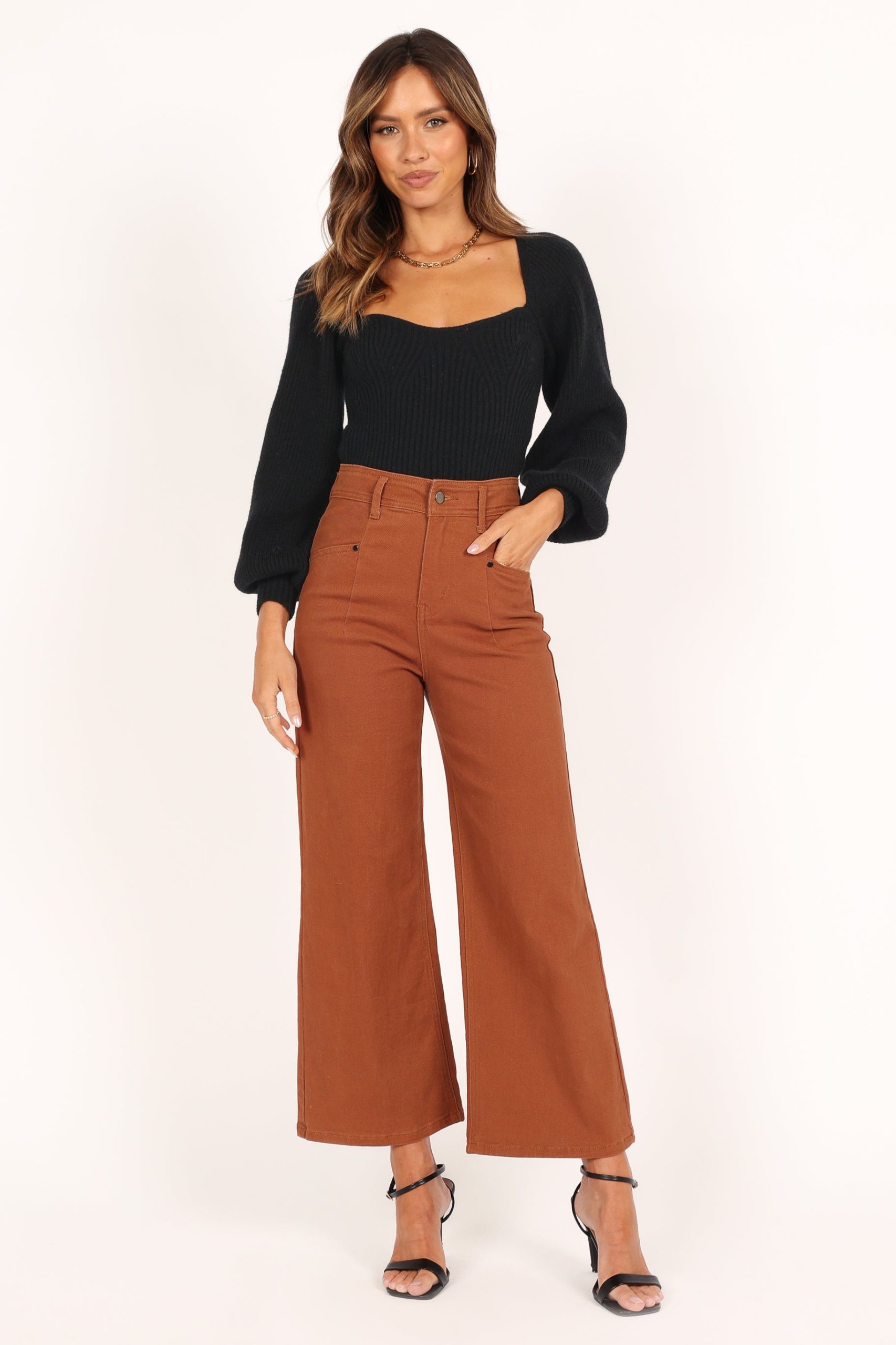 Gia Sweetheart Neck Bell Sleeve Knit Sweater - Black - Image 3