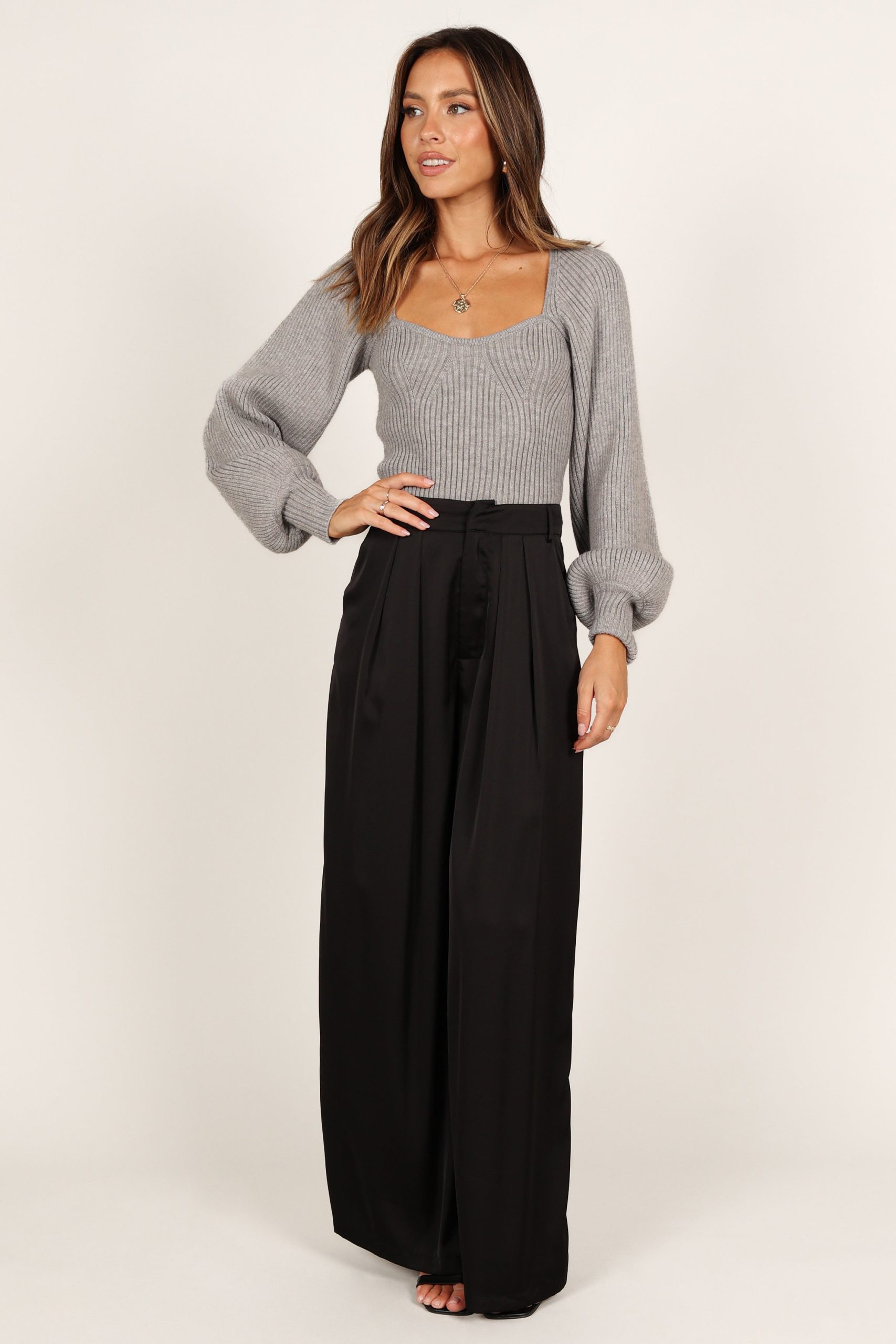 Gia Sweetheart Neck Bell Sleeve Knit Sweater - Light Grey - Image 3