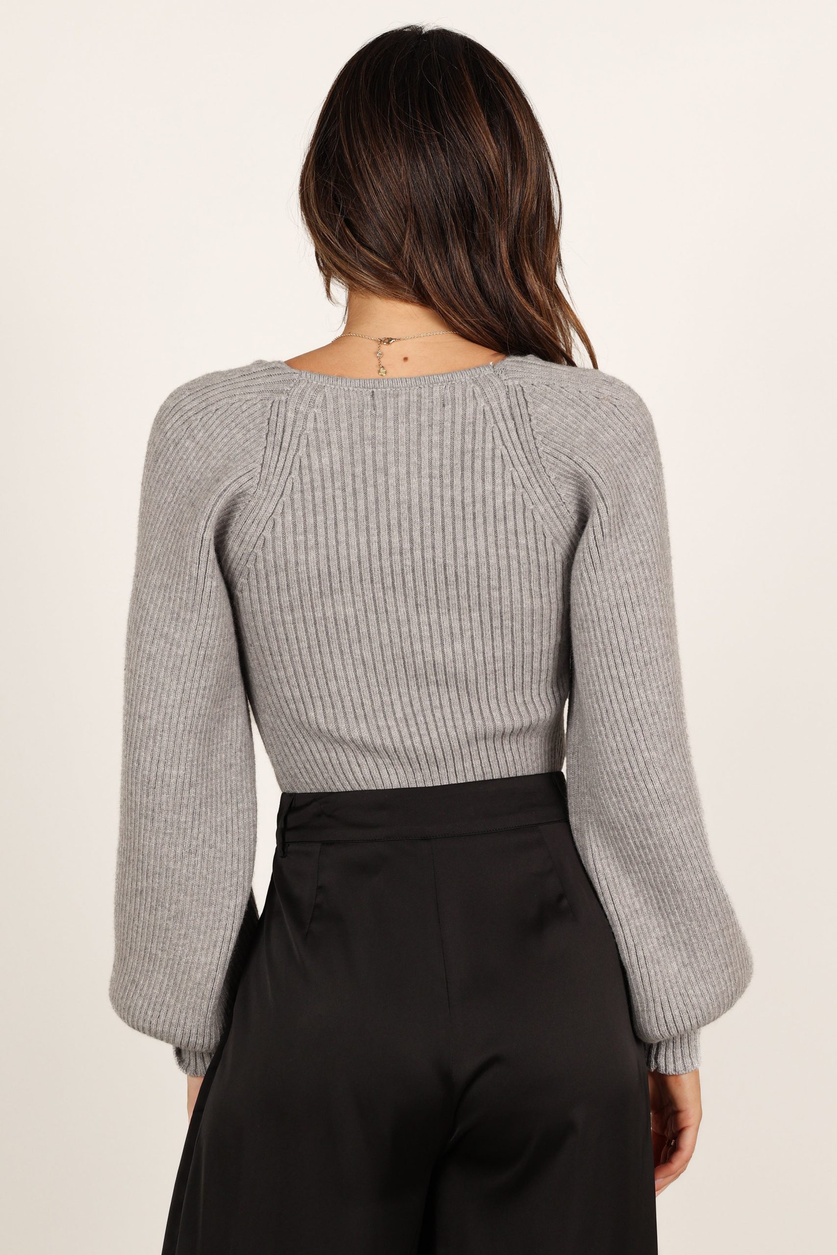 Gia Sweetheart Neck Bell Sleeve Knit Sweater - Light Grey - Image 5