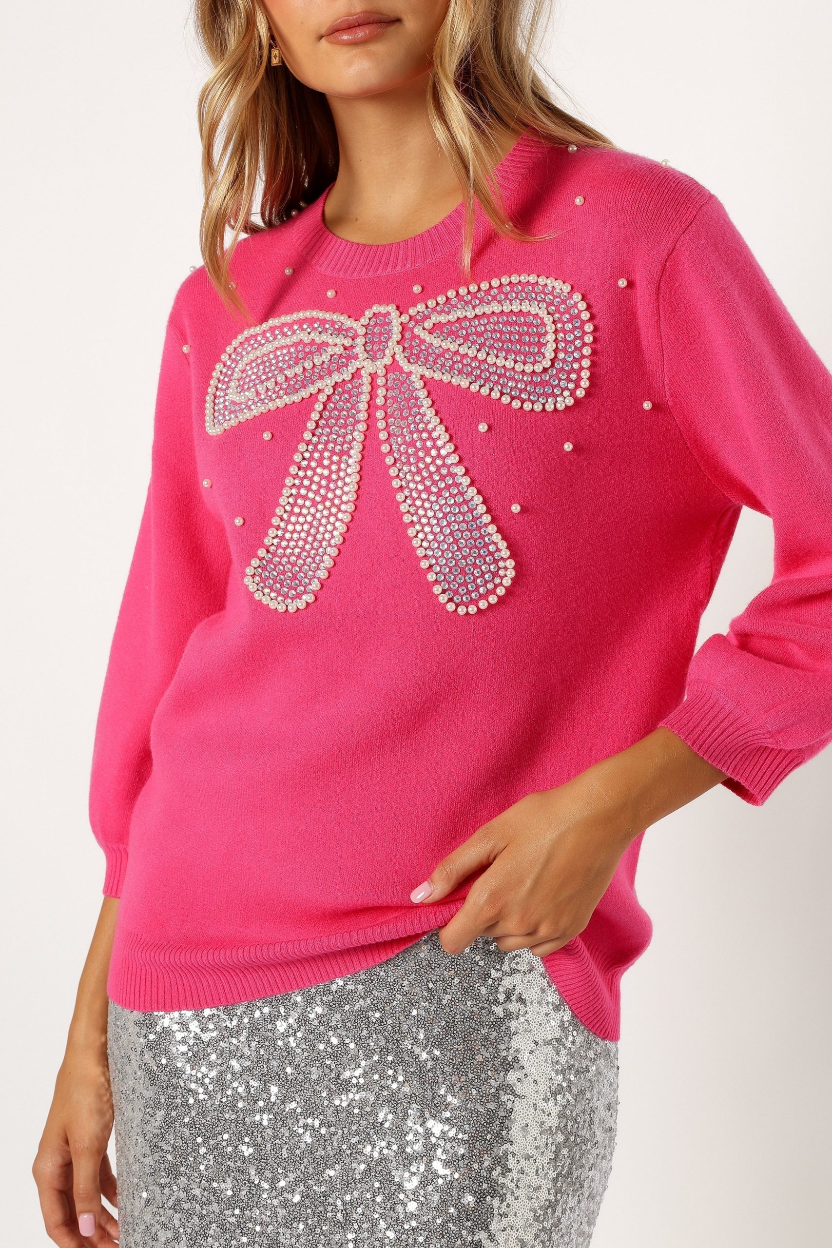 June Embellished Bow Knit Sweater - Hot Pink - Image 6