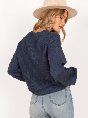Katrina Textured Sleeve Crewneck Knit Sweater - Midnight Blue