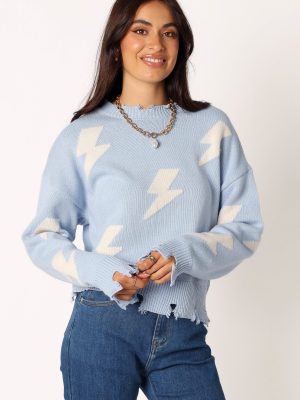 Lightning Bolt Printed Fray Detail Knit Sweater - Light Blue
