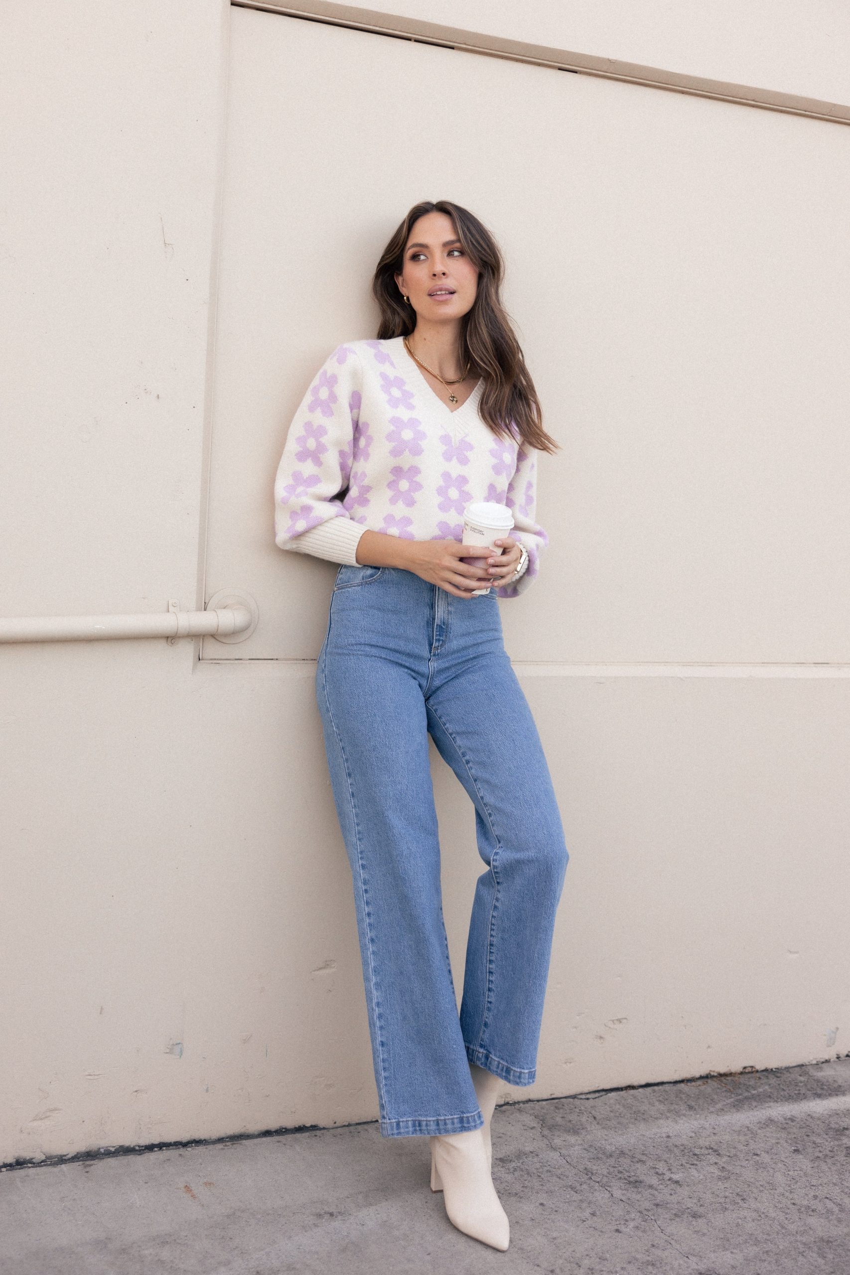 Remi Vneck Flower Knit Sweater - Lilac - Image 2