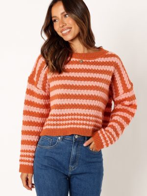 Yasmin Striped Crewneck Knit Sweater - Orange Pink