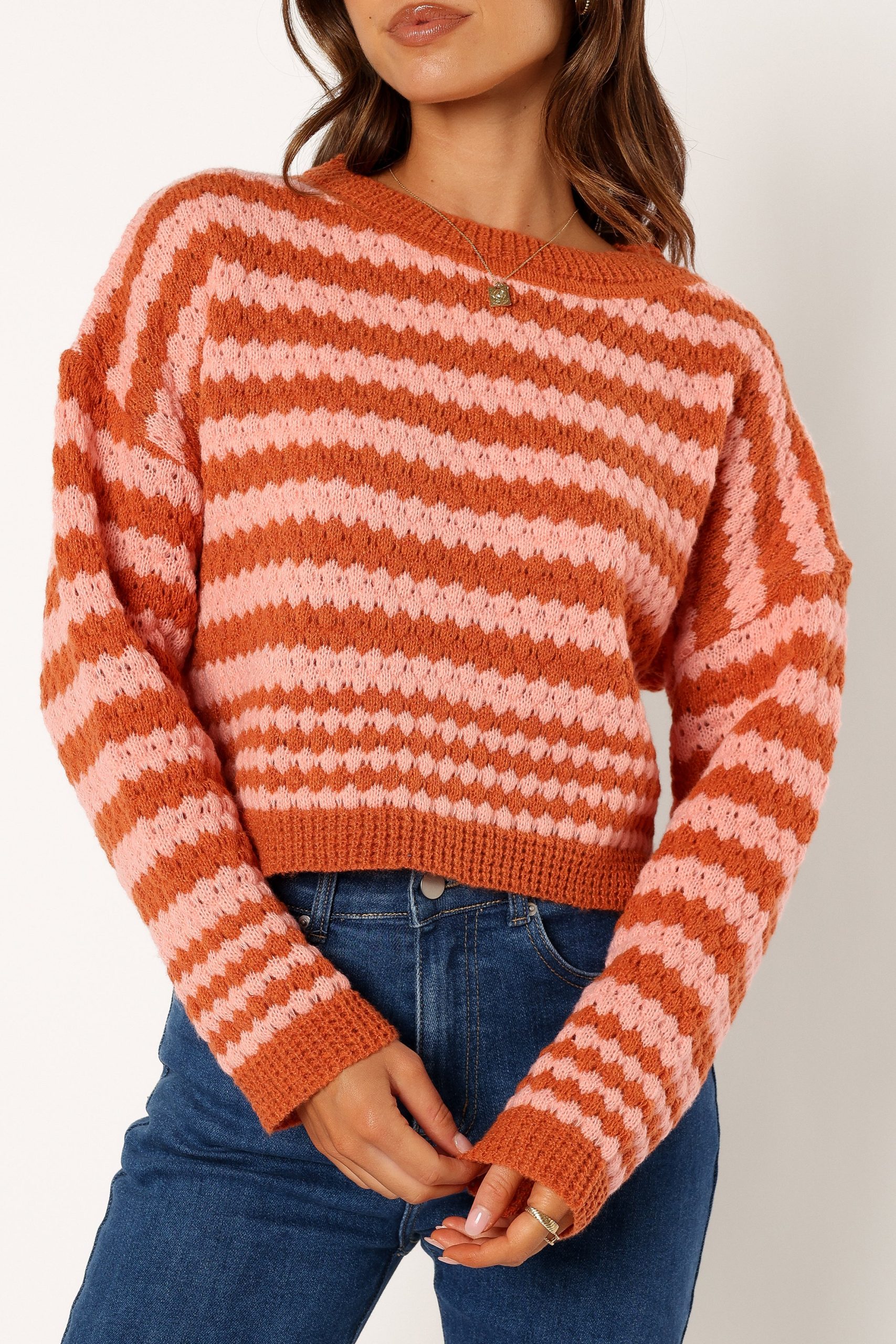 Yasmin Striped Crewneck Knit Sweater - Orange Pink - Image 7
