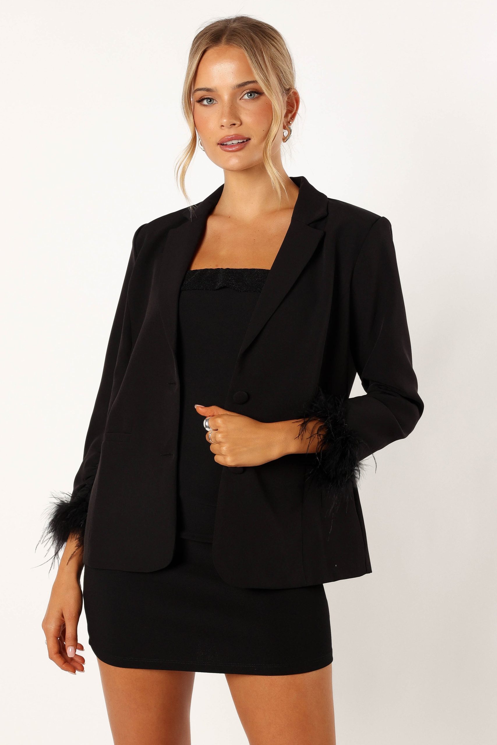 Rosemary Faux Feather Sleeve Blazer - Black - Image 3